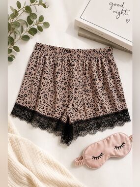 Victoria’s Secret Leopard Print Satin Pajama Shorts Lace Trim Sleepwear S
